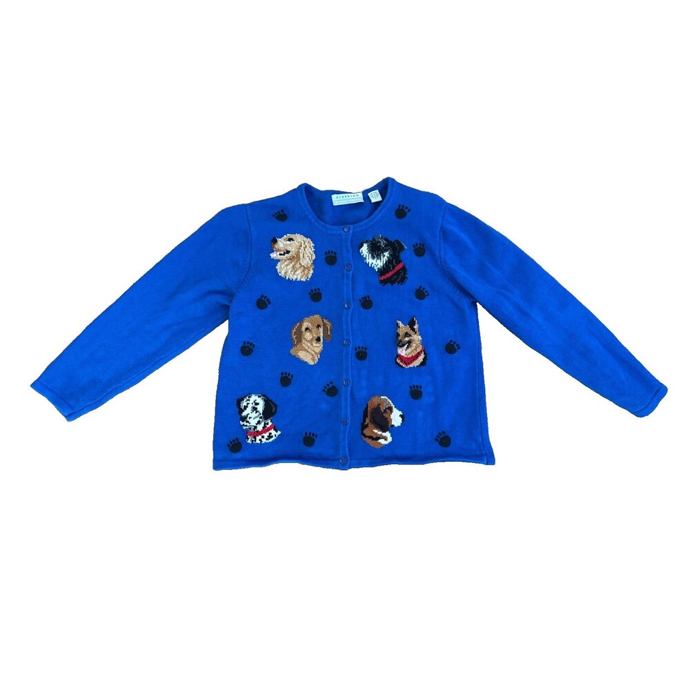 Blue Cardigan Sweater Knit Dogs 1990s Large Vintage Marisa Christina Paw Prints